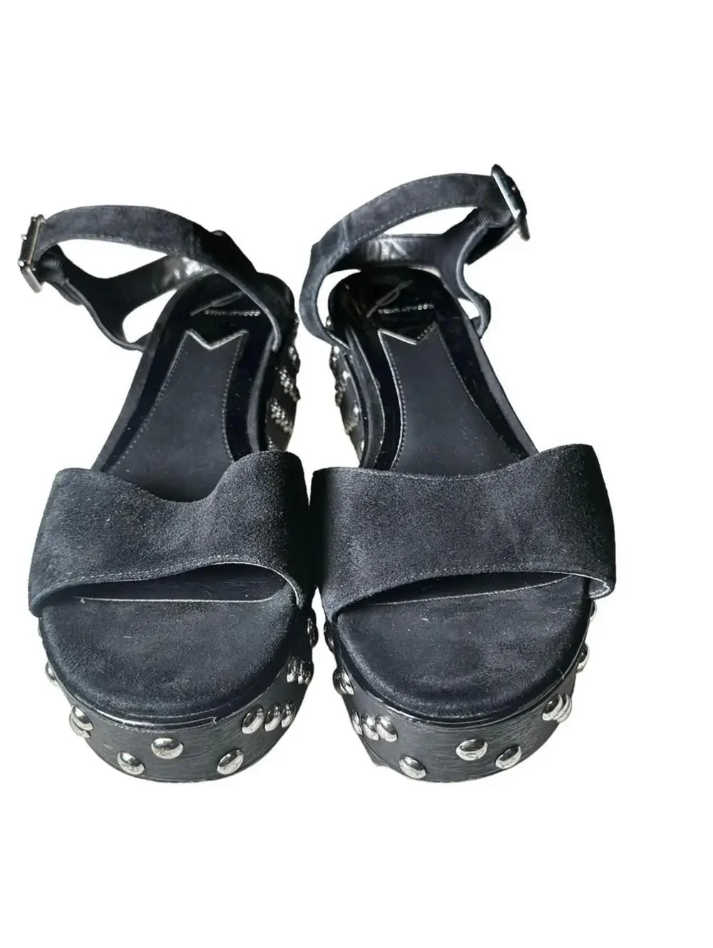 B Brian Atwood Black Suede Franki Studded Platform Wedge Sandals Size 8.5